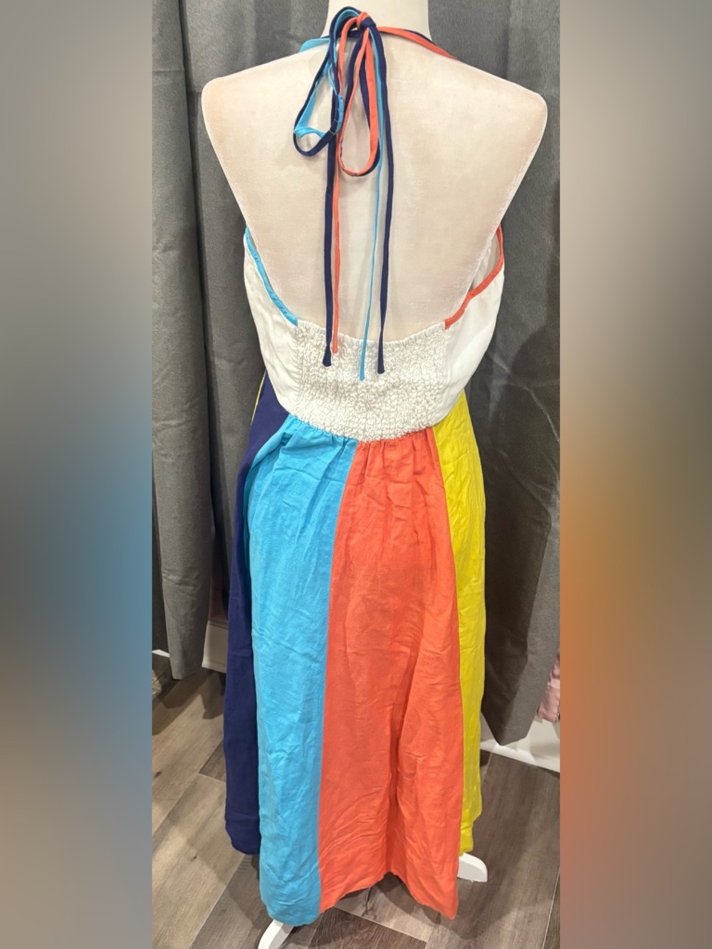By Anthropologie Multicolor Stripe Halter Midi Dress White Blue Medium Linen - Picture 6 of 11
